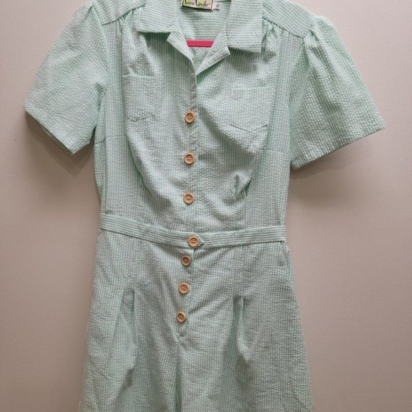 1940s Style Loco Lindo Green Strip Seer Sucker Romper  jumpsuit XL - Picture 4 of 6